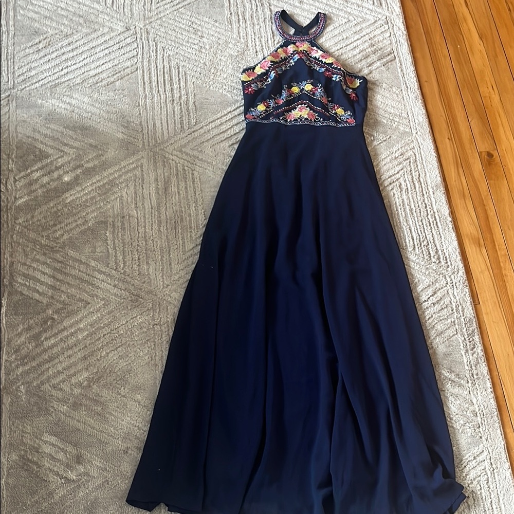 Elegant Navy Halter Dress with Floral Embroidery